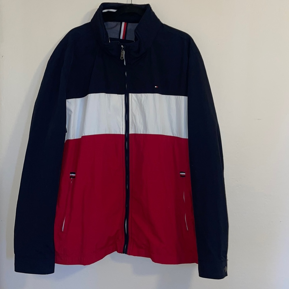 TOMMY HILFIGER Jacket Men's 3XL w/ Spellout Collar Red White Blue Colorblock